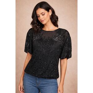Vintage Laurence Kazar New York Black Beaded Sequin Top – Sheer Yoke | Abstract